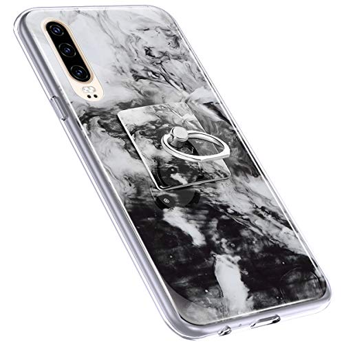 Urhause Cover Compatible with Huawei P30 Case Sparkle Glitter Bling Marble Case TPU Silicone Ring Holder Cover 360 Degree Rotation Ring Holder Kickstand Shiny Bling Shockproof Cover Black & W
