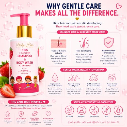 Image of BABY HAIR - Strawberry Mineral Kids Shampoo /Body Wash, Sulfate-Free Tearless Shampoo and Body Wash, Shampoo For Kids with Strawberry Oil, Camellia Oil, and Biotin, No Tears Shampoo, 10 fl.oz.