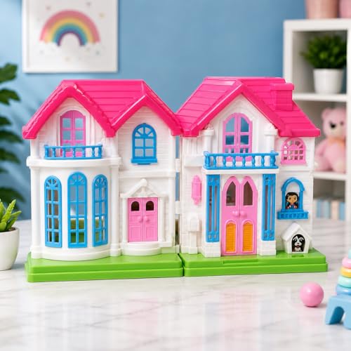 Image of My First Villa Portable Dollhouse Playset for Kids | Vibrant Pretend Play Toy Home with Balcony, Windows, and Openable Doors | Birthday Gift for Girls & Toddlers (Blue & Pink) (Pink)