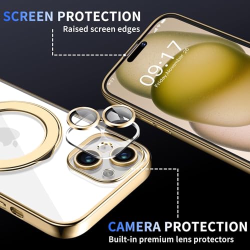 Image of Magnetic for iPhone 15 Plus Case with Invisible Stand[Compatible with MagSafe][Full Camera Lens Protector][Military Drop Protection] Shockproof Not Yellowing Clear Slim Soft for Women Men