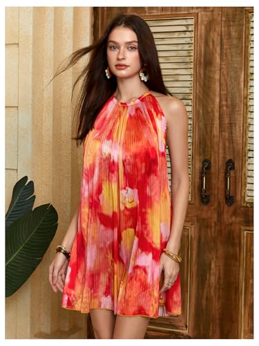 Image of SHENHE Women's Halter Dress Low Backless Tropical Tie Dye Floral Summer Beach Vacation Dresses Sundress