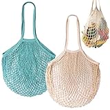 Xiao Hua Wiederverwendbare Einkaufsnetztaschen, Baumwollnetz-Tragetasche, Bauernmarkttaschen für Obst und Gemüse, Einkaufs-Organizer, Aufbewahrungstasche mit langen Griffen, 2 Packungen (Beige