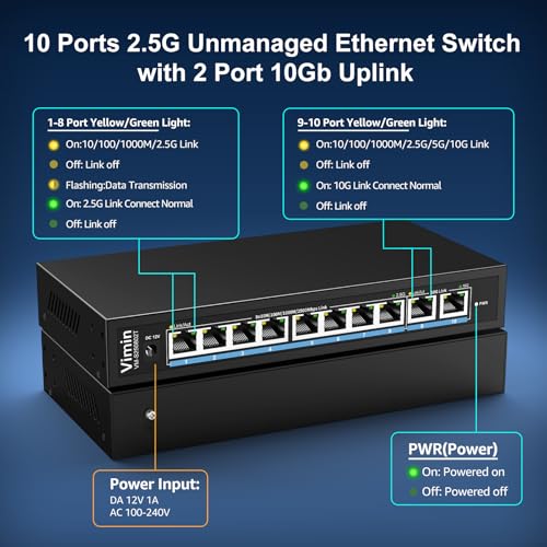 Image of 10-Port 10G /2.5G Ethernet Switch with Dual 10GBASE-T, Vimin 8X 2.5G +2 x 10Gb RJ45 Ports Unmanaged Switch, 80Gbps Capacity, 10G Switch Desktop /Wall Mount Network Switch for NAS, PC, Wireless AP