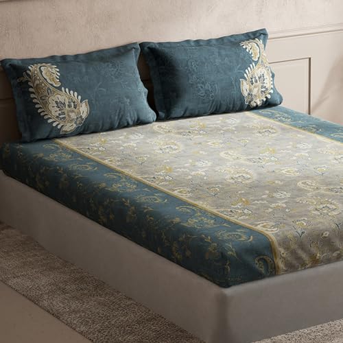 Image of Ddecor - Pack of 1 Cotton Ethnic King 145 TC Bedsheet with 2 Pillow Covers - Blue