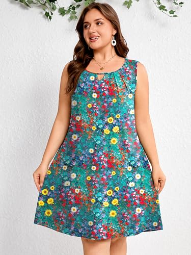 Image of AusLook Plus Size Summer Midi Dress for Women Sleeveless Casual A Line Swing Dress with Pockets Keyhole Neck Beach 1X-5X