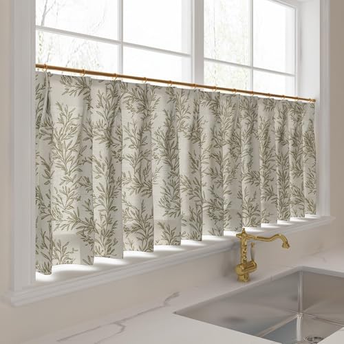 Image of TWOPAGES Pinch Pleat Leaf Print Cafe Curtains, Stone, 26W x 18L