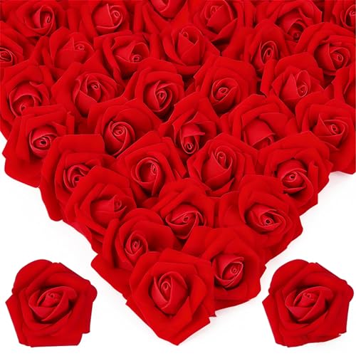 Image of 100Pcs Real Looking Bright Red Artificial Rose Flower Heads, Foam Fake Roses for DIY Wedding Decorations Baby Shower Centerpieces Home Party Valentine's Day Mother's Day Decor