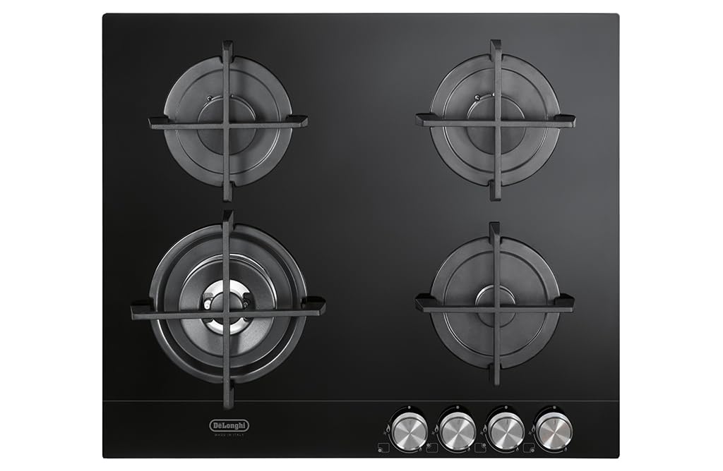 De'Longhi NSL460N Piano Cottura, Incasso, A Gas, Linea Life, 60 Cm, 4 Fuochi, 1 Bruciatore Doppia Corona, Vetro Temperato, Griglie In Ghisa, Manopole Frontali In Metallo Spazzolato, Colore Nero
