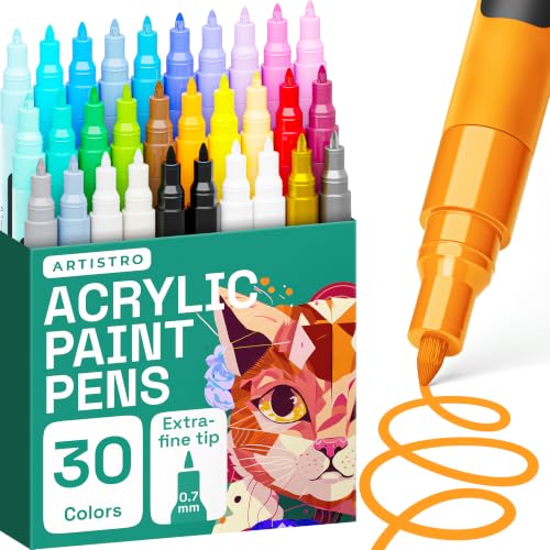 Image of ARTISTRO 30 Acrylic Paint Markers for Rock, Fabric, Wood, Glass, Craft, Decoration - Extra Fine Tip Paint Pens - Art Supplies