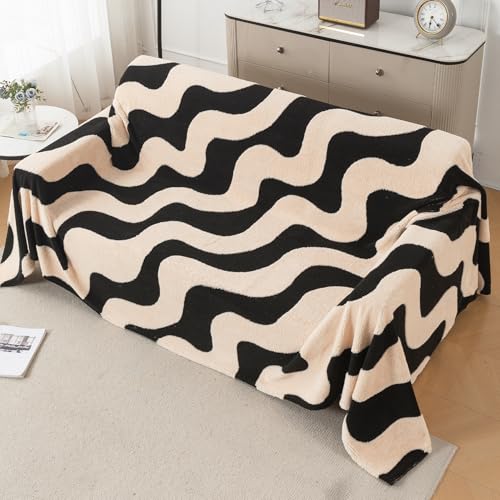 Image of HOKIPO Luxury Plush Sofa Cover Throw for 3 Seater Sofa | Soft Sofa Throw for Complete Sofa Protection, 'Noirea Series' Wavy Stripe (180x310 cm) (AR-6653-D3)