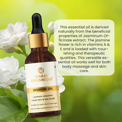 Image of Khadi Organique Jasmine Essential Oil for Hair Growth, Anti-Acne, Skin Brightening & Stress Relief | 100% Pure Natural, Therapeutic Grade Aromatherapy Oil for Diffuser, Massage & Meditation - 15ml