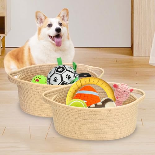 Image of ABenkle Small Basket with Handles, Boho Decorative Rope Woven Dog Cat Toy Storage Bin Shelf Storage Organizer, Easter Christmas Gift Basket, 12 inchx8 inchx5 inch