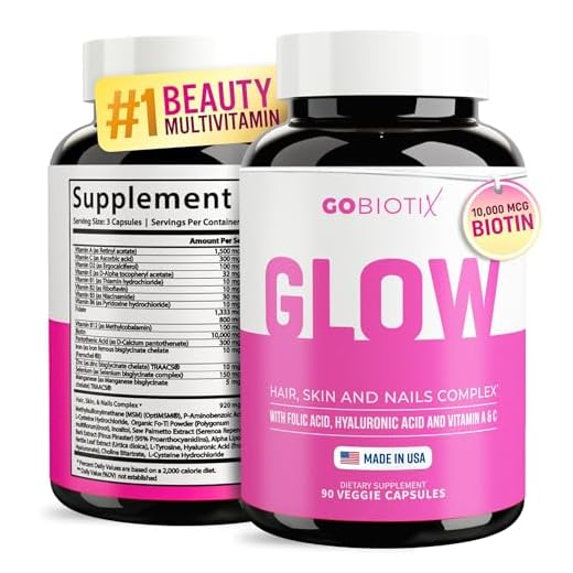 GOBIOTIX Glow Hair + Skin + Nails Multivitamin Supplement - 10,000mcg Biotin Pills - Antioxidant with Hyaluronic Acid, Folic Acid, Iron, Magnesium + Zinc - Boosts Collagen Production, 90 Capsules