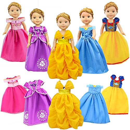 14 Inch Doll Clothes, 5 Pc Different Princess Costume Dress Set Includes Bella, Cinderella, Snow White, Rapunzel and Aurora Costume Dress Fits Glitter Girl Doll, Wellie Wishers Doll.