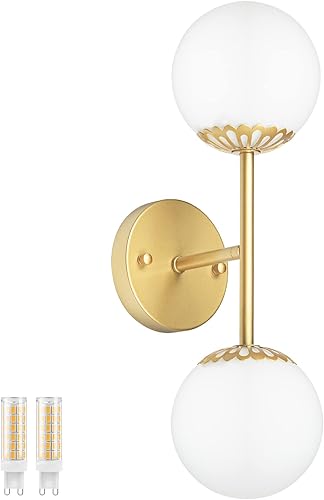 Lámpara de pared dorada con 2 luces  Lámpara de pared moderna de globo, accesorios de iluminación LED para tocador con pantalla de vidrio