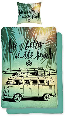 BERONAGE VW Volkswagen Bulli Bettwäsche Campervan hellblau 135 cm x 200 cm + 80 cm x 80 cm VW-Bus T1 100% Baumwolle in Renforcé-Linon-Qualität Camper Van Retro mit Reißverschluss 048