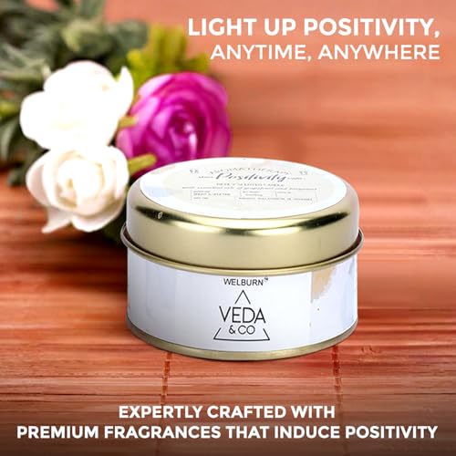 Image of Welburn Veda&Co Scented Wax Candle - Induces Positivity | Aromatherapy Travel Tin Candle for Home Decor & Relaxation | 100% Soy Wax | Long-Lasting 15 Hours Burn Time | 85gm Portable Jar Candle