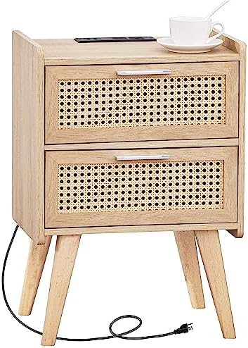 HHETOGOL Rattan Nightstand, Side Table with Drawers, Boho Desk, Side Table with Charging Station, End Table, Rattan Furniture, Bed Sdie Table for Bedroom, Living Room, Natural TTBZ02YE