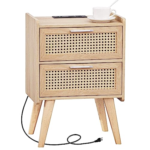 Hhetogol Rattan Nightstand, Side Table With Drawers, Boho Desk, Side Table With Charging Station, End Table, Rattan Furniture, Bed Sdie Table For Bedroom, Living Room, Natural Ttbz02Ye #TOP3
