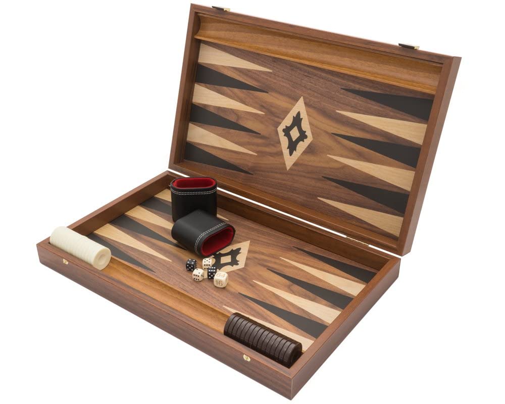The Manopoulos - Set da backgammon grande, in legno di noce, nero e quercia, con coppe deluxe in vinile