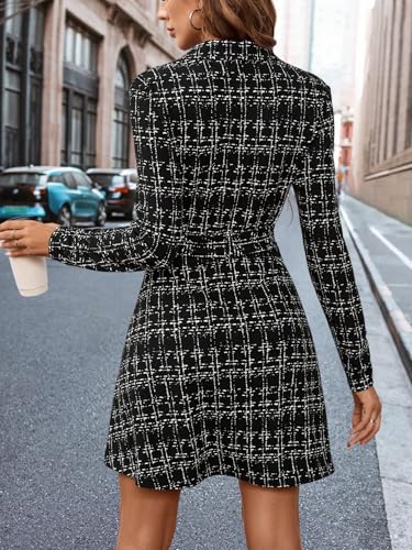 Casual jackets for women Slim Fit A-Line Lapel Black & White Plaid Coat For3