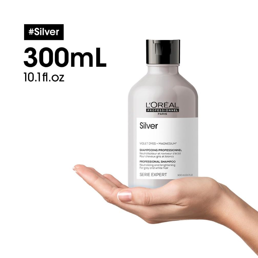 L'OREAL PROFESSIONNEL - Shampoing Déjaunissant Silver - Homme & Femme - Apporte Éclat, Douceur & Brillance - Pigments Violets - Cheveux Gris & Blancs - 300 ml