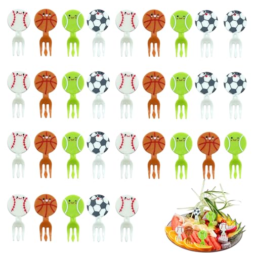 32Pcs Multicolour Mini Food Picks Football Sport Fruit Fork basketball Mini Cartoon Food Snack Picks Tennis Toothpick BaseballFun Bento Picks Cocktail Picks