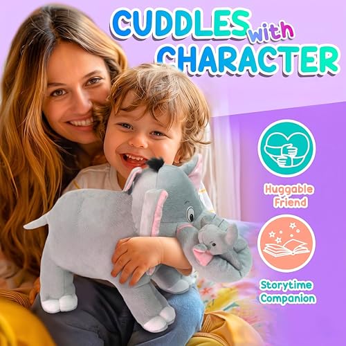 Image of Tickles Mother Elephant with Single Baby Stuffed Soft Plush Animal Toy for Kids (Size: 41 cm Color: Grey)