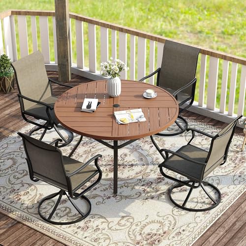 Image of VICLLAX Round Patio Table with Adjustable Umbrella Hole for 4, All Weather Metal Outdoor Dining Table for Lawn Garden, 40.6 inch Outdoor Coffee Table, Walnut Wood-Like Tabletop
