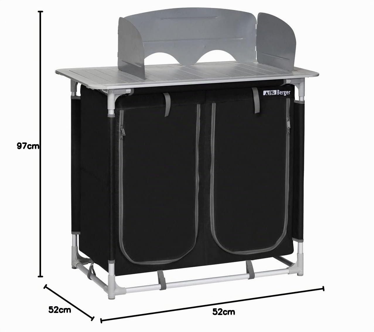 Berger Cucina da Campeggio Premium I Pieghevole Mobile Esterno Alluminio 4 Scomparti Frangivento Piedi Regolabili Nero Grigio