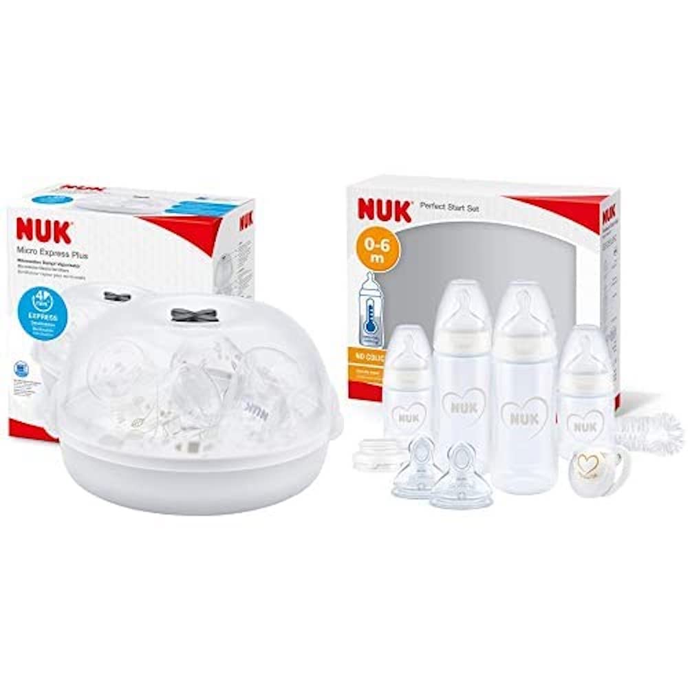 NUK Perfect Start First Choice+ Baby Bottles Set & Microwave Baby Bottle Steriliser | 0-6 Months | 4 x Temperature Control Bottles, Dummy, Bottle Brush & More | Anti-Colic | BPA-Free