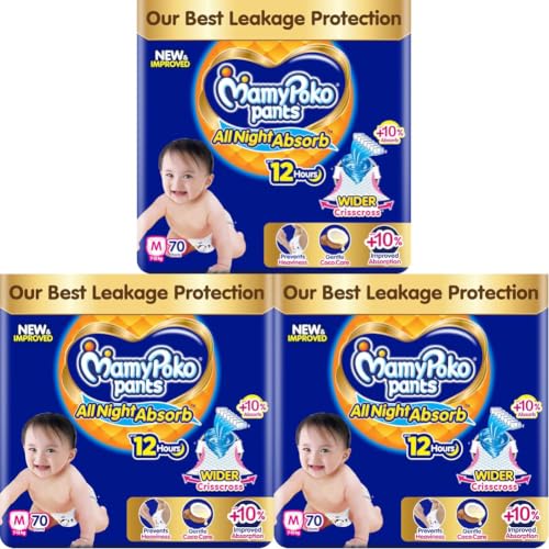 Image of New Mamypoko Pants Premium All Night Absorb| Pant Style Baby Diapers Medium Size(M), 70 Count, Ideal for 7-12Kgs|1 Diaper: Upto All Night Absorption now with 10% increased power|Wider Crisscross Sheet|Gentle Coco Care| 12hr Leakage Protection| Prevents Heaviness.
