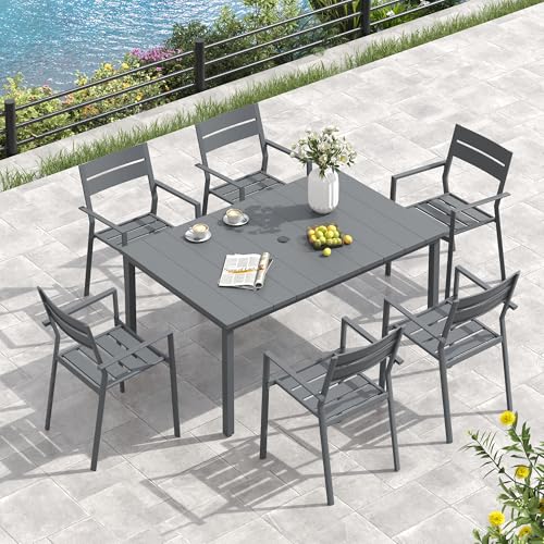 Image of VICLLAX Outdoor Table for 6, Metal Patio Dining Table with Umbrella Hole for Garden Lawn Deck Backyard, Dark Grey Tabletop