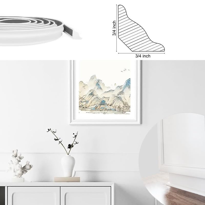 Proflex - Moldura de pared redonda – 3/4 pulgadas x 10 pies – Blanco – Decoración flexible para despegar y pegar – Moldura de riel de silla de PVC – Fácil decoración del hogar