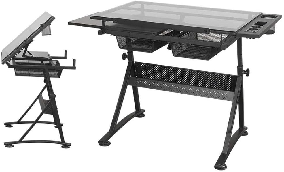 Tiltable Drawing Desk for Art,Height Adjustable Drafting Table with Storage, Craft, and Home Office, Large 85x60 cm Glass Surface