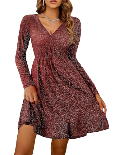 Image of Zeagoo Womens Glitter Dress Wrap V Neck Long Sleeve Swing Club Cocktail Party Dresses Sequin Sparkle Dress Christmas Dress