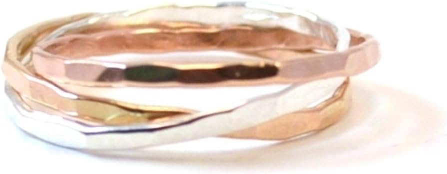 Hammered Tri Color Rolling Rings. Interlocking Band. Russian Wedding Band.