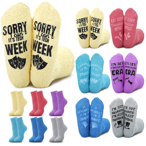 Ramede 6 Pairs Grip Fuzzy Theater Crew Socks for Women Men Novelty Socks Funny Movie Memorabilia Theater Gifts for Actor Christmas Birthday Director Acting Gift