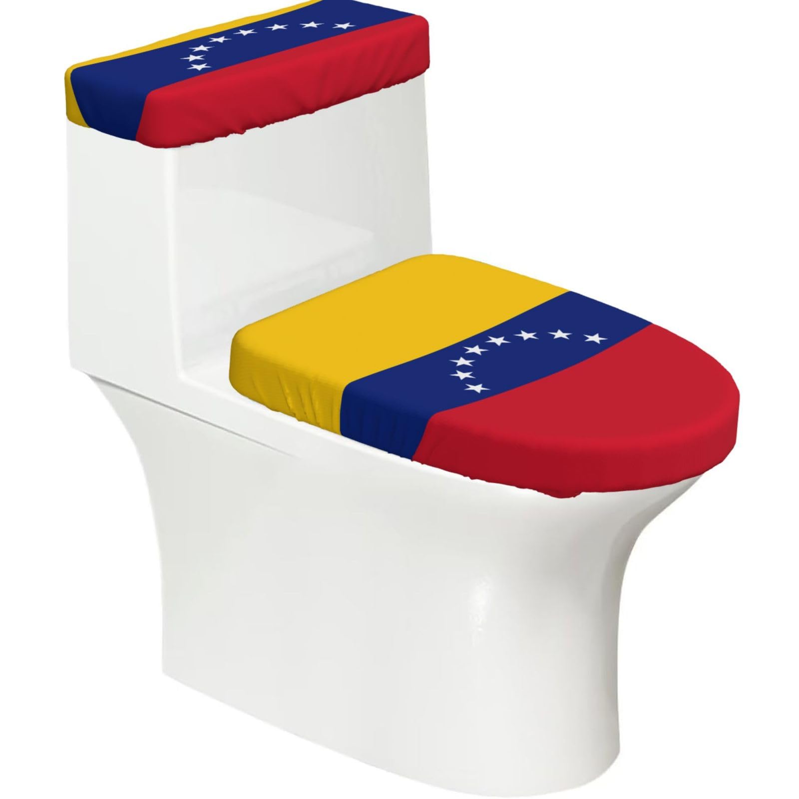 Flag of Venezuela Elastic Toilet Cover Set of 2-Stretchy Lid and Tank Covers for Bathroom, Soft Washable U Shape Toilet Decor