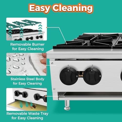 Image of 36-Inch 6-Burner 150000 Total BTU Hot Plate, Commercial Gas Stove - Dual Fuel Propane & Natural Gas - Heavy Duty Stainless Steel Range
