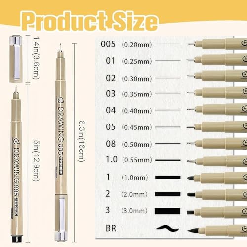 Image of Professional Pigment Based Fineliner Pen Black | 12 Sizes point Ideal For Mandala, Drawing, Artist Illustration, Zentangle,Technical, Sketching, Journalin (Set of 12)
