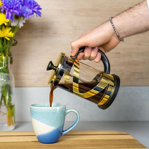 Café Olé Classico Gold Cafetière, French Press coffee maker, stainless steel mesh filter, glass body with stylish Gold finish, 1000ml (8 espresso cups, 4 mugs) - Image 4