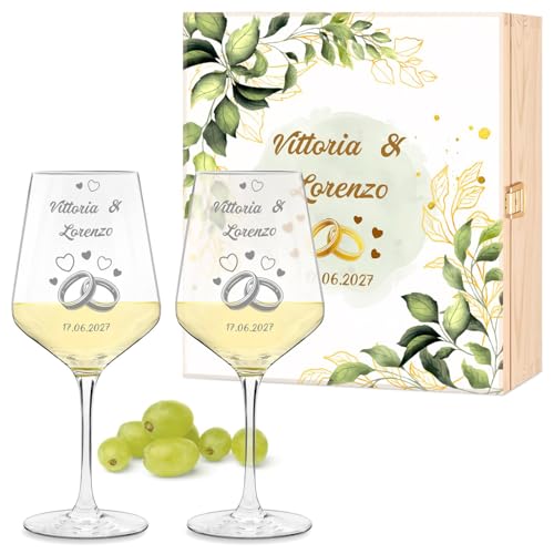 Maverton Calici Vino x2 Personalizzati - Bicchieri Vino Rosso o Vino Bianco 490 ml - Incisi per Lei e Lui - Scatola Legno Personalizzata - Regalo per Sposi e Coppia - Regali Personalizzati