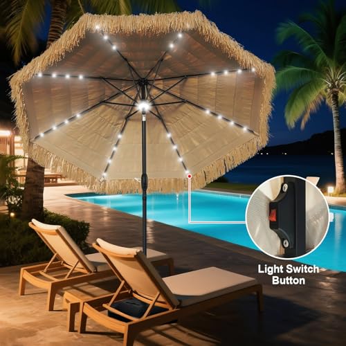 Image of 9 FT Solar Thatch Tiki Umbrella, Hawaiian Style Straw Umbrellas with Zinc Alloy Push Button Tilt, UPF 50+ Patio Umbrella,Outdoor Umbrella with 32 LED Lights for Beach, Pool,Garden