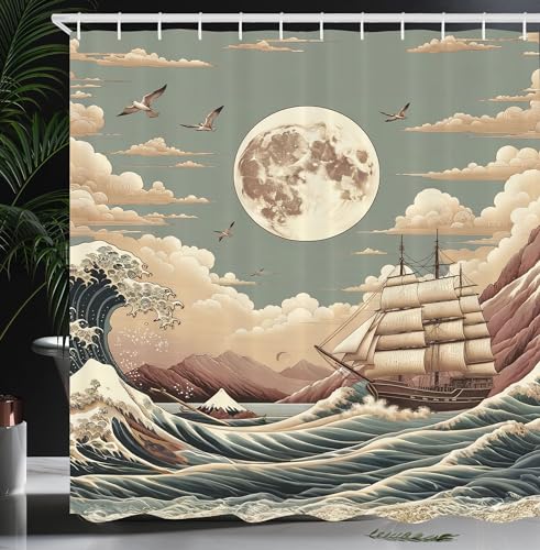 Ambesonne Nautical Shower Curtain, Pastel Ocean Scenery with Waves and Ship in Japanese Ethnic Style, Cloth Fabric Bathroom Decor Set with Hooks, 69" W x 70" L, Pale Teal Tan Dried Rose