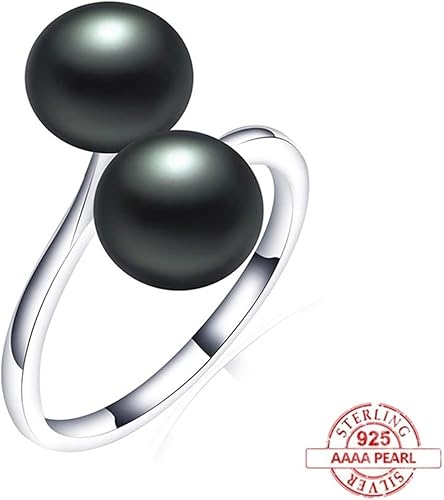 Vista 2 de TYGH Anillo de perlas de agua dulce naturales negras 2022, anillo ajustable de plata de ley 925, joyería para mujeres, regalos para mujer, anillo
