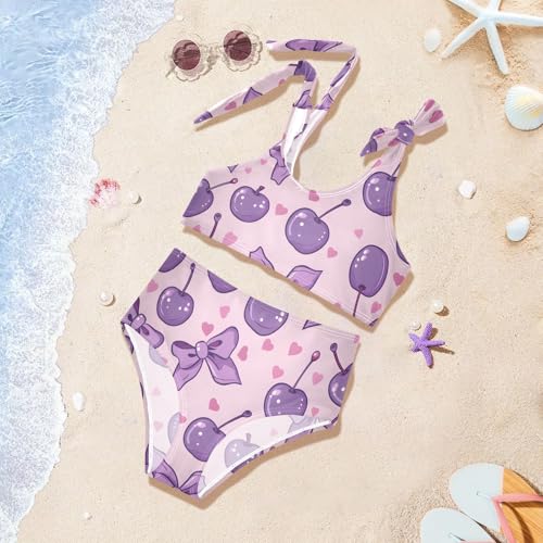 Girls' Bikini Set, Cherries with Bows in Lilac-Pink Colors Kids Swimsuit 2 Pcs Beach Bathing Suit4