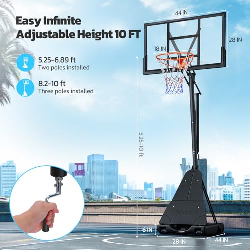Yohood Basketball Hoop Outdoor Portable, 10ft Quickly Adjustable Basketball Goal System with 44 Inch PC Backboard & Wheels for Court/Backyard/Driveway