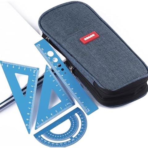 Geometry Set with Pencil Case, Rulers, Protractor. for Student Classroom Supplies and Engineering Drawings (Dark Blue) Cover