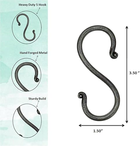 Miniatura 3 de Living Ideas - Juego de ganchos en S de metal forjado a mano, 6 piezas de hierro forjado hecho a mano negro acabado antiguo resistente de 3.50